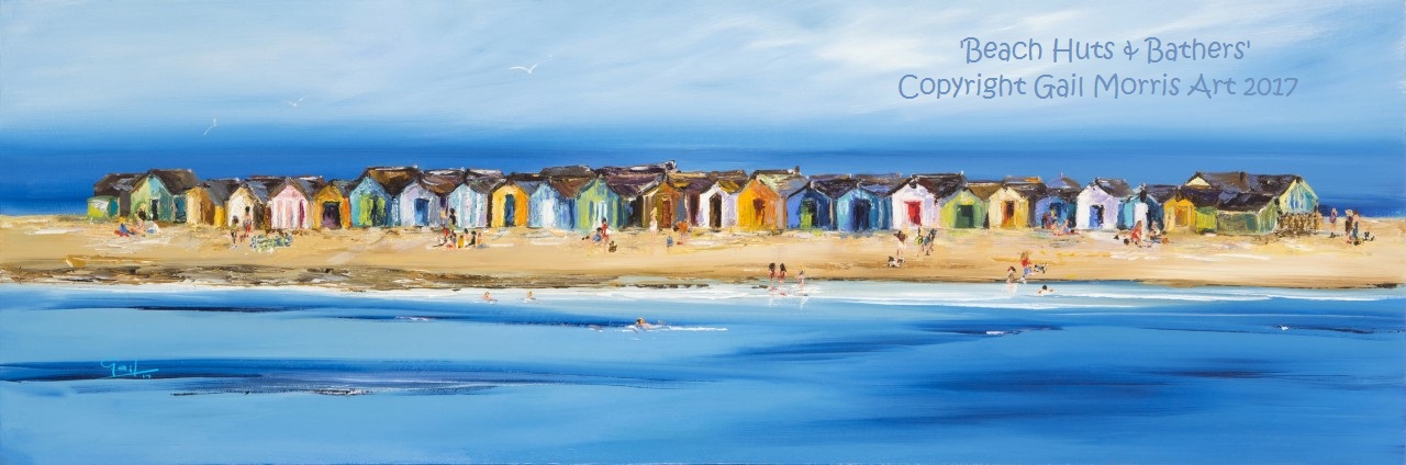 Limited Edition Prints of 'Beach Huts and Bathers' Teignmouth, from an original oil painting by Gail Morris. Prices start £45 - £135
