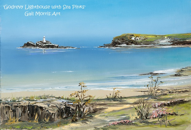 'Godrevy Lighthouse with Sea Pinks' - Gwithian , Cornwall. Limited Edition Prints from an original oil painting by Gail Morris £30 - £75