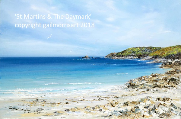 'St Martins & The Daymark' painting and print depicting a coastal landscape with clear blue waters, rocky shore, and distant hills under a bright sky with the iconic Daymark in the distance.