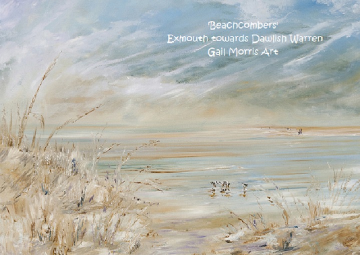'Beachcombers' from Exmouth Beach towards Dawlish Warren. Limited Edition prints from an original oil painting by Gail Morris. Prices start from £30 - £125