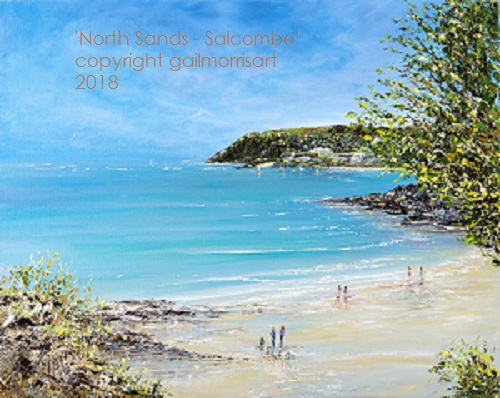 'North Sands - Salcombe' painting by Gail Morris, depicting a serene beach scene with gentle waves, sandy shore, and figures enjoying the water, surrounded by greenery.