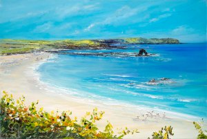 'Limited Edition Prints of 'Thurlestone Rock' on Thurlestone Beach, Devon, from an original oil painting from Gail Morris. Prices start from £30 - £45