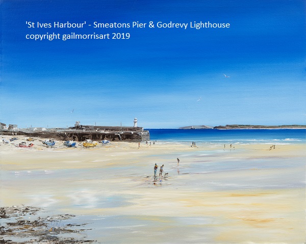 Available from February 2019 Original Oil Painting of St Ives Harbour with Smeatons Pier and Godrevy Lighthouse. Oil on canvas board Framed £395 Prints from £45