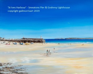 Available from February 2019 Original Oil Painting of St Ives Harbour with Smeatons Pier and Godrevy Lighthouse. Oil on canvas board Framed £395 Prints from £45