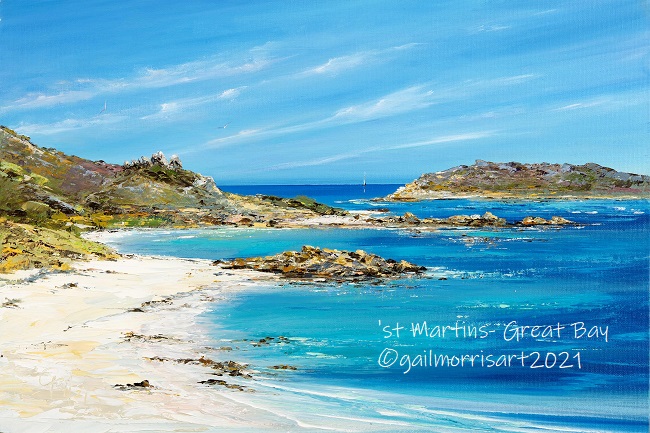 'St Martins' - 'Great Bay' landscape painting featuring sandy beach and blue waters with off islands and yacht on the horizon. Ideal gift for people who love the Isles of Scilly.