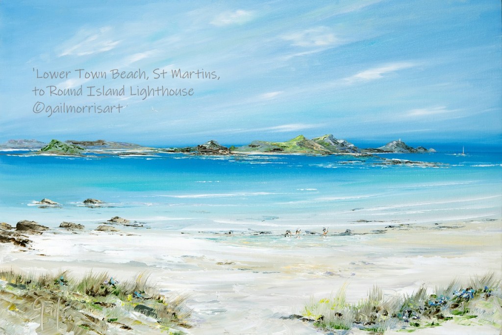 Painting of Lower Town Beach, St Martins, with Round Island Lighthouse in the background. The scene features a sandy beach, turquoise waters, the local off islands and seabirds feeding on the shoreline. An ideal gift for people who love visiting the Isles of Scilly.
