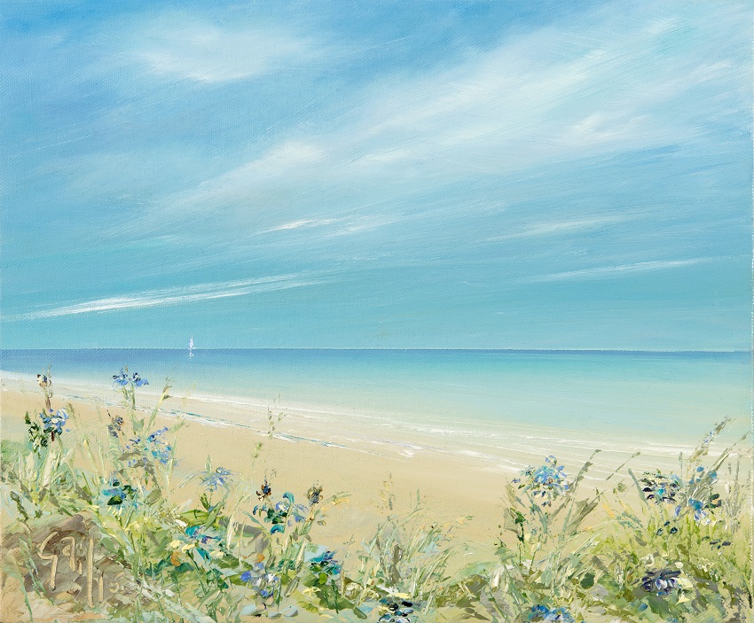 Blue Oasis is a serene coastal landscape painting and print of the Isles of Scilly. It features gentle waves on a sandy beach, with lush greenery and blue agapanthus flowers in the foreground, under a clear blue sky.  A single white yacht sails on the horizon.