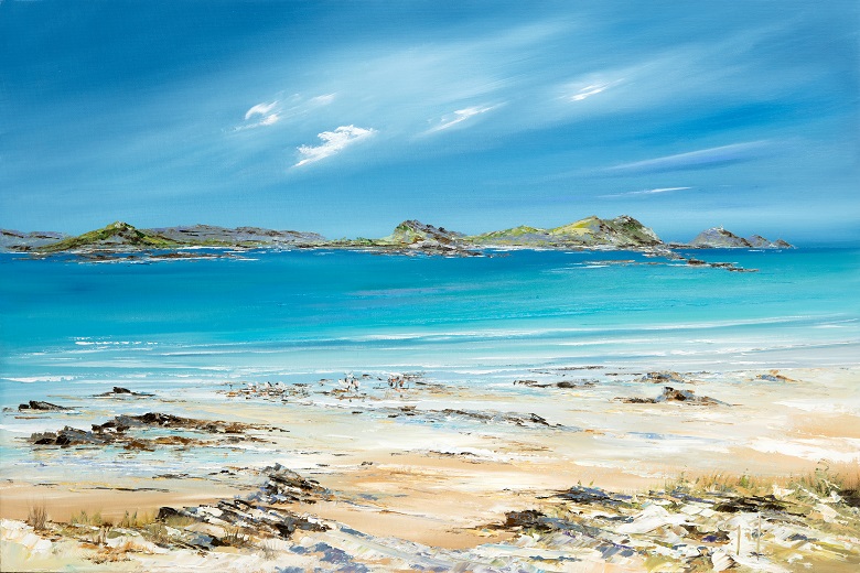 St Martins & Waders is a coastal landscape painting and print depicting Lower Town beach near the Karma Beach Hotel on St Martins, lsles of Scilly. Wading birds feed on the shoreline of turquoise waters. The islands of St Helens and Round Island Lighthouse can be seen in the distance.