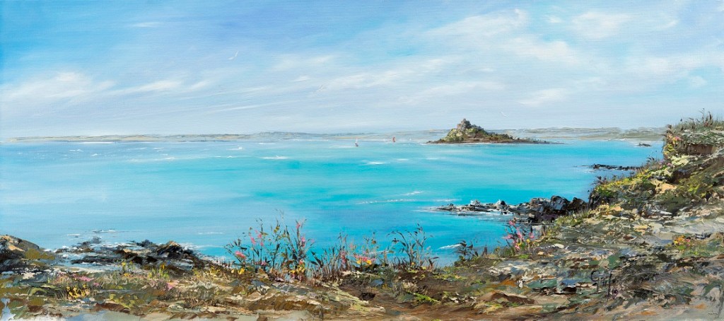 A coastal landscape painting depicting the turquoise waters and rocky shoreline, with St Michael's Mount visible in the distance under a bright blue sky.