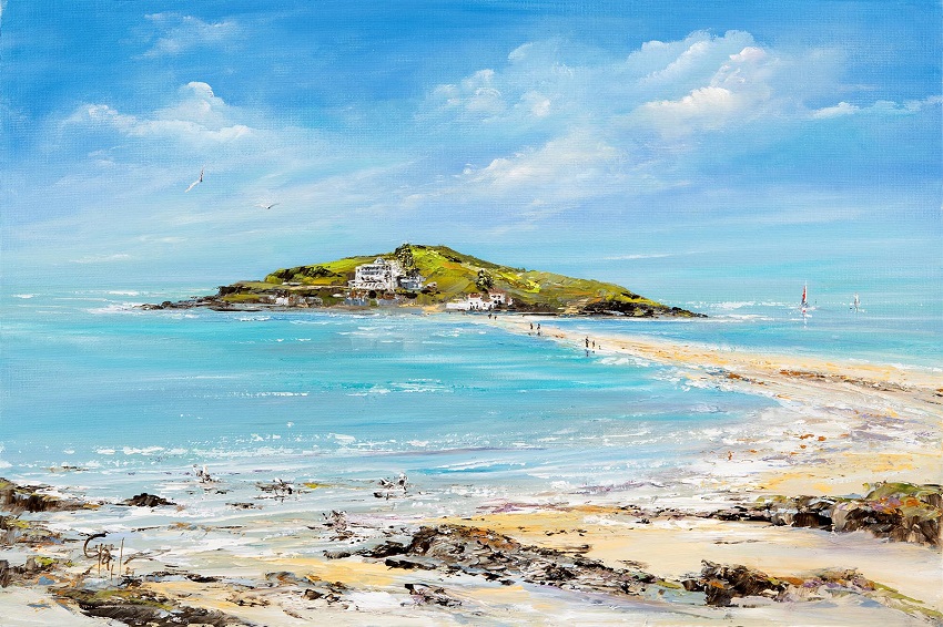 A vibrant print depicting Burgh Island from Bigbury on Sea beach, featuring lush greenery and the famous Burgh Island Hotel across the iconic causeway against a blue sky with soft clouds, surrounded by turquoise waters and sandy beaches.