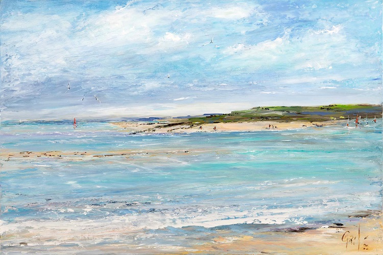 A vibrant print of Dawlish Warren dunes and Exmouth's coastal scene featuring a turquoise sea, sandy beach, and distant green hills under a blue sky with clouds. There are small sailboats on the water and people enjoying the beach.