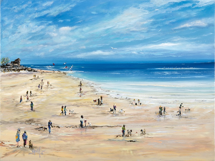 A vibrant and fun print depicting the expansive sand at Exmouth beach with people walking with their dogs, playing and relaxing, set against a blue sky and calm ocean.