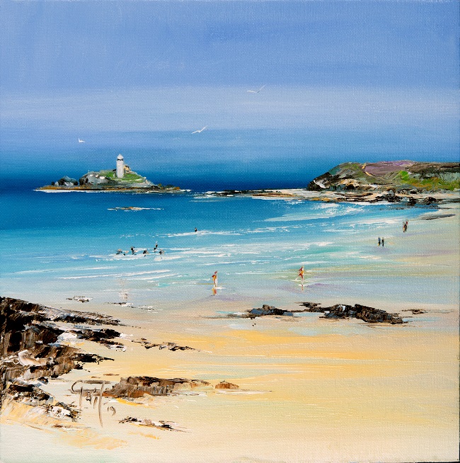A scenic painting and print of Gwithian beach with soft sand, clear blue water, with Godrevy  lighthouse in the background. People are enjoying the beach, with a few walking along the shoreline.