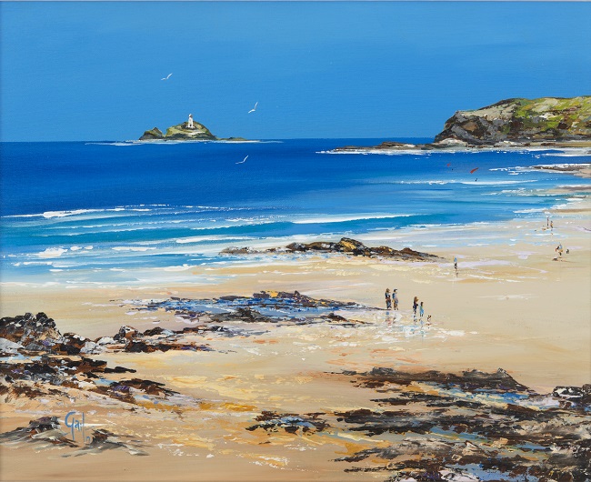 Painting and print avaiilable of a tranquil beach scene featuring Godrevy  lighthouse in the distance, crystal blue waters, and people strolling along the sandy shore at Gwithian Beach near Hayle in Cornwall