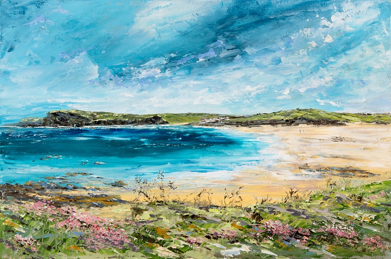 Harlyn Bay to Trevone, North Cornwall - a captivating seascape print showcasing the coastal beauty of the renowned '7 Bays for 7 Days' area. This high-quality framed artwork highlights the serene charm of the North Cornwall coastline. Presented in a classic white frame measuring 15" x 12", it is ready to hang and perfect for enhancing any interior space with a touch of coastal tranquility 