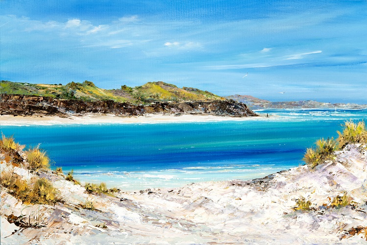 A vibrant landscape painting and print available depicting a sunny beach scene near Bluff Point at Hayle Beach  with turquoise waters, sandy dunes, and green hills in the background, evoking the charm of West Cornwall.