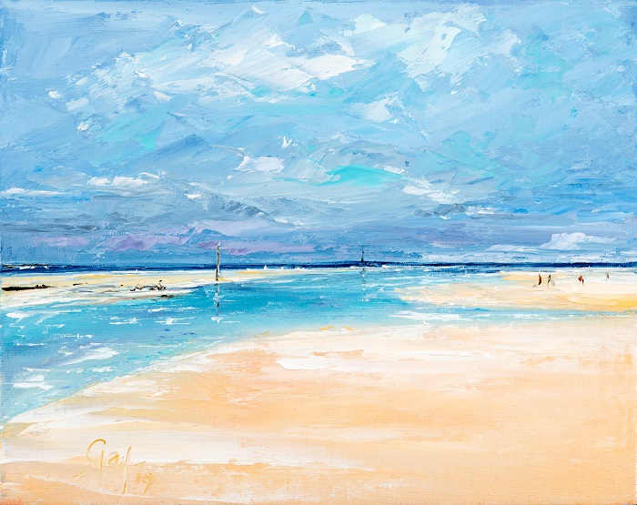 A vibrant painting of a sandy beach with calm blue waters under a partly cloudy sky, showcasing figures walking along the shore.