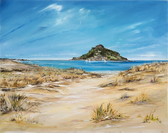 Landscape painting and prints depicting Longrock beach at Long Marazion in Cornwall with a view of St Michael's Mount under a clear blue sky with yachts sailing on the blue sea,