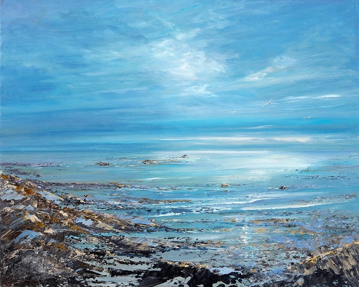 A serene seascape print of the sun shining over Orcombe Rocks at Exmouth beach, a famous area for the bountiful mussel beds. A bright blue sky with sparkling calm waters, showcasing rocky shores and gentle waves.