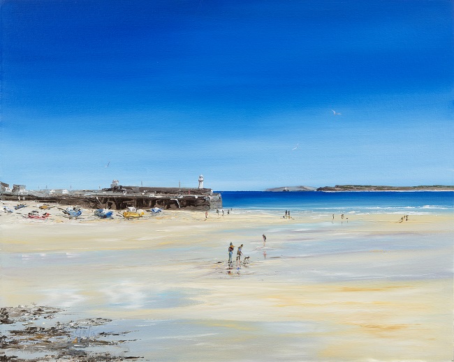 A scenic painting and print of  town beach at St Ives, Cornwall, featuring a clear blue sky, people walking along the shore, and the iconic Smeaton's Pier and  lighthouse in the distance.