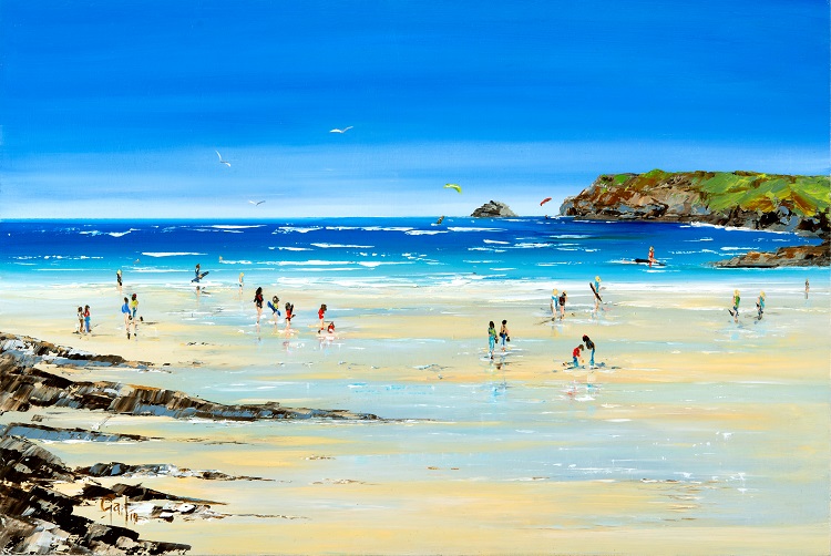 Summer Fun at Polzeath is a vibrant beach painting depicting families and individuals enjoying a sunny day at the shore, with waves lapping at the sandy beach and a clear blue sky overhead. Framed prints available to buy.