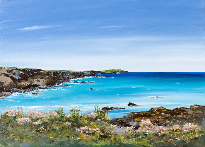 Trevone Coastal Path to Harlyn Bay - a beautifully framed print capturing the scenic charm of North Cornwall's coastal pathway. This high-quality artwork highlights the natural beauty of the coastline, perfect for adding a touch of tranquility to any space. Presented in a white frame measuring 15" x 12" for £38