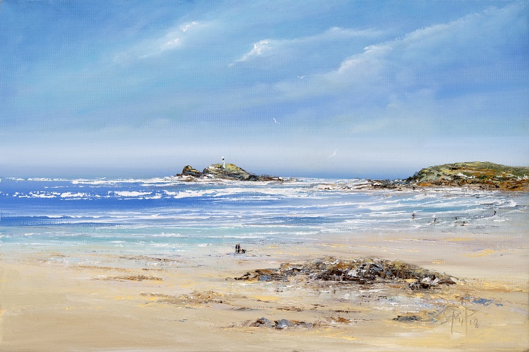 A scenic  Cornish beach painting and print featuring Godrevy Lighthouse with white horses on the waves and a clear blue sky.
