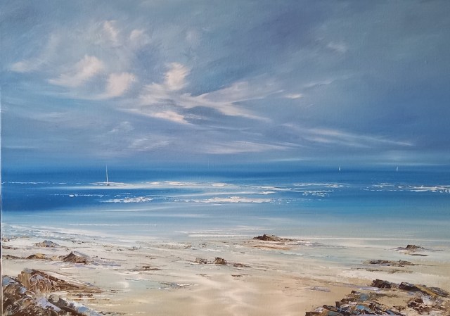 Misty Blue is a serene Isles of Scilly coastal print of calm blue sea, soft clouds in a light blue sky, with distant sailboats on the horizon.
