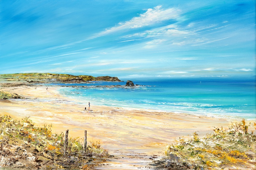 Landscape print of Thurlestone Rock at South Milton beach with golden sand, clear blue water, and a bright sky. Splashes of greenery and distant cliffs are visible, with a few people walking along the shoreline.