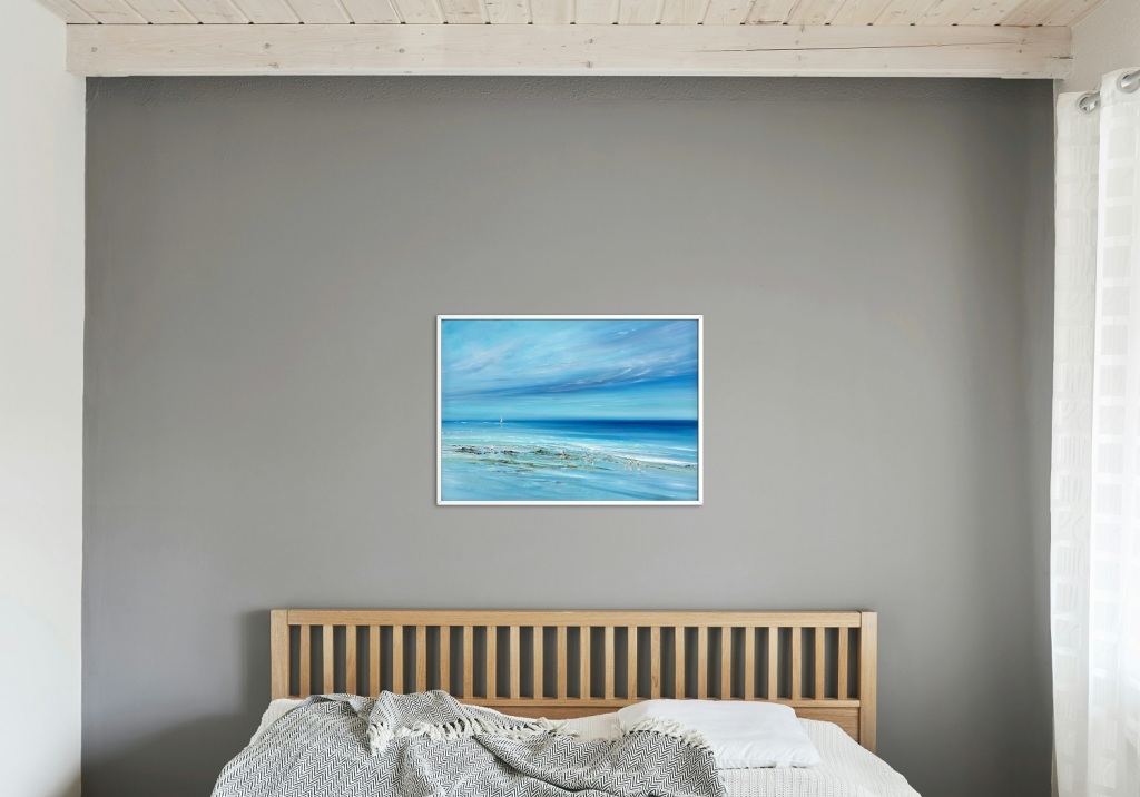 Passing Clouds - Teignmouth Beach - Original oil painting with white St Ives frame available to buy £495. This item is  currently exhibited at Cockington Court in Devon from 29 3.24 to 2.6.24