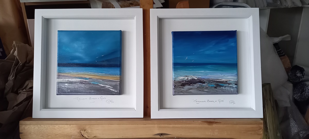 ‘Teignmouth Beach and Gulls’ – 2 new original small oil paintings just released £95 each