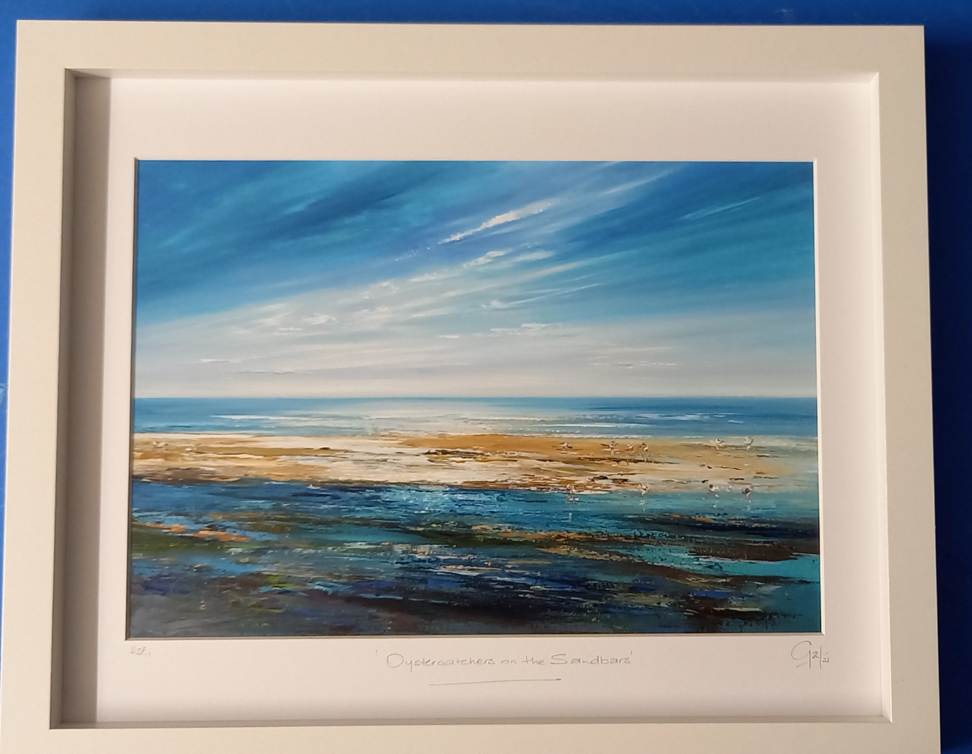 Teignmouth Beach – ‘Oystercatchers on the Sandbars’ larger framed print £85 now available