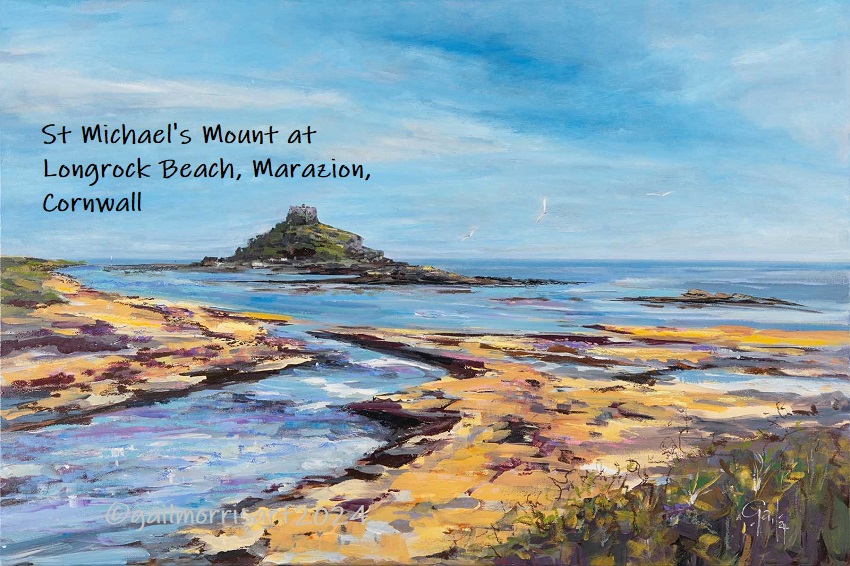 A vibrant painting and print of St Michael's Mount at Longrock Beach in Marazion, Cornwall, featuring a clear blue sky, sandy beach, and the iconic castle on the mount. The causeway can be seen in the distance.