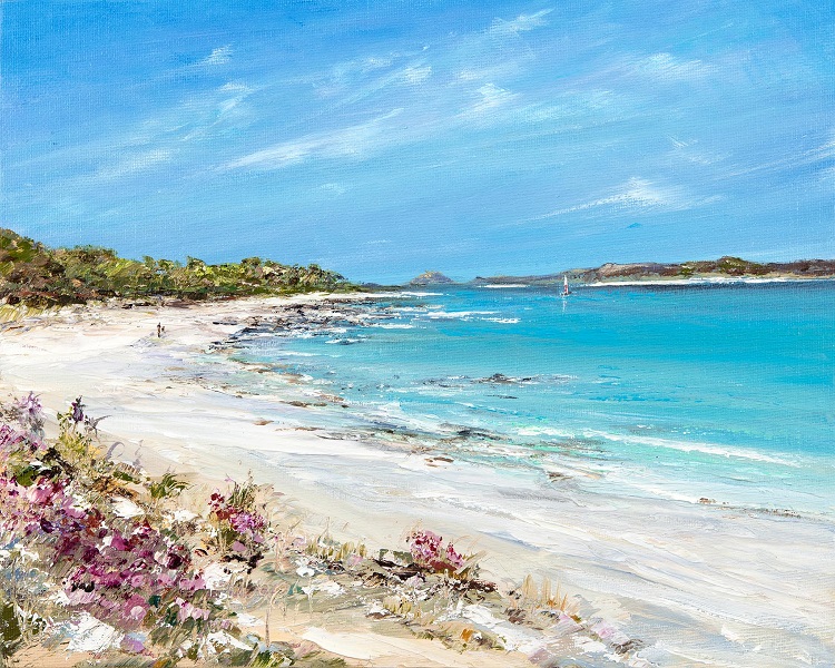 A scenic beach landscape featuring turquoise waters, sandy shores, and lush greenery. The painting shows smooth waves and a distant sailboat, capturing the beauty of a coastal area.