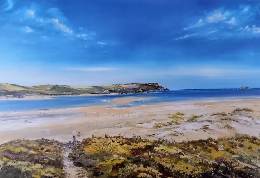 Landscape painting of Rock Beach and Padstow Coast in Cornwall, featuring a sandy beach, blue sea, and rolling hills under a clear sky.