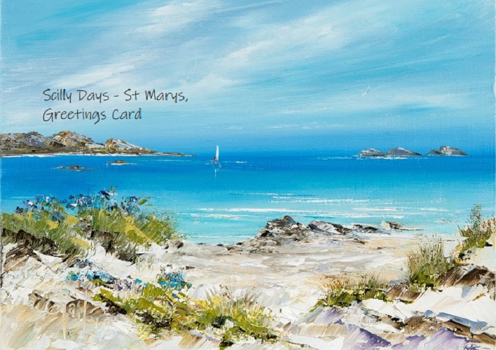 A scenic greeting card design featuring a beach landscape from St. Mary's, Isles of Scilly, with vibrant blue waters, rocky shores, and a sailing boat in the distance.