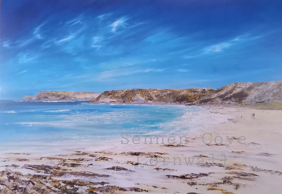 A scenic painting of Sennen Cove in Cornwall, featuring sandy beaches, clear blue waters, and a bright blue sky.
