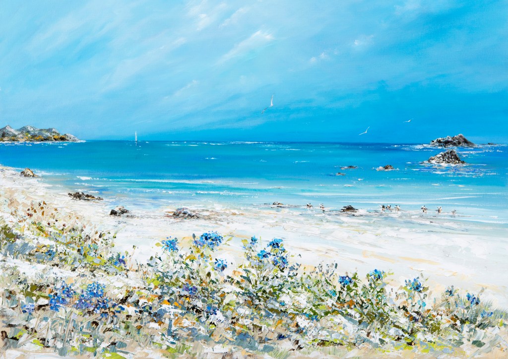 A vibrant painting of a sandy beach on St Martins, Isles of Scilly with turquoise waters, scattered rocks, and distant hills under a blue sky, featuring blue flowers in the foreground.