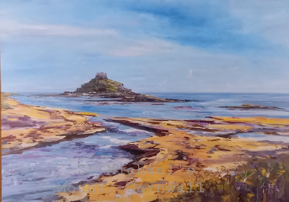 A scenic painting of St. Michael's Mount in Cornwall, showcasing its iconic castle on a hill surrounded by water and sandy shores under a blue sky.