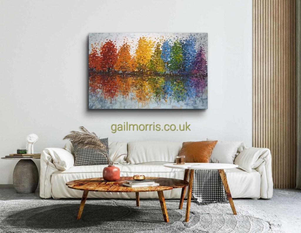 Large colourful original oil and mixed media painting, Reflections Series 9 - available to reserve now. Original oil painting with mixed media, deep edge canvas panel block ready to hang.                900x 600 x 40mm  £495