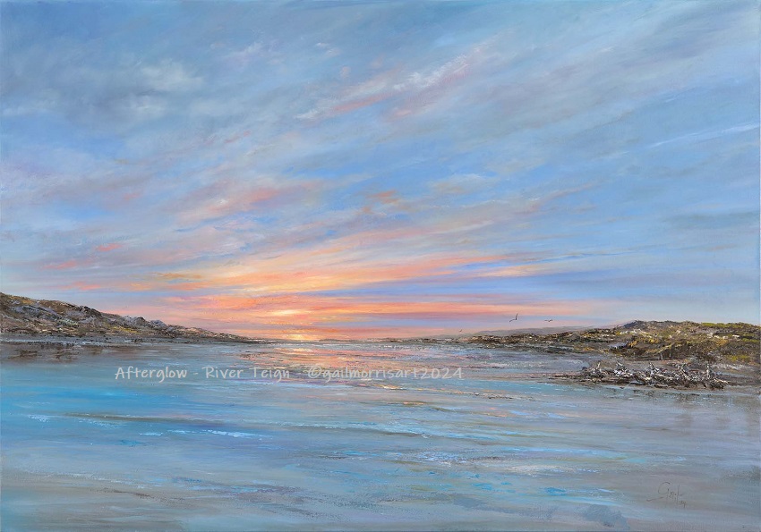 A serene seascape print titled 'Afterglow - River Teign' featuring a colourful sunset over calm waters, with rocky shorelines and gentle clouds in the sky.