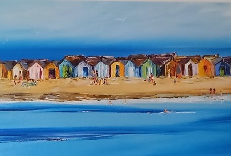 A vibrant painting of Teignmouth's colourful beach huts lined along the sandy beach, know locally as the spit, with people enjoying the seaside in the foreground and a blue ocean under a clear sky.