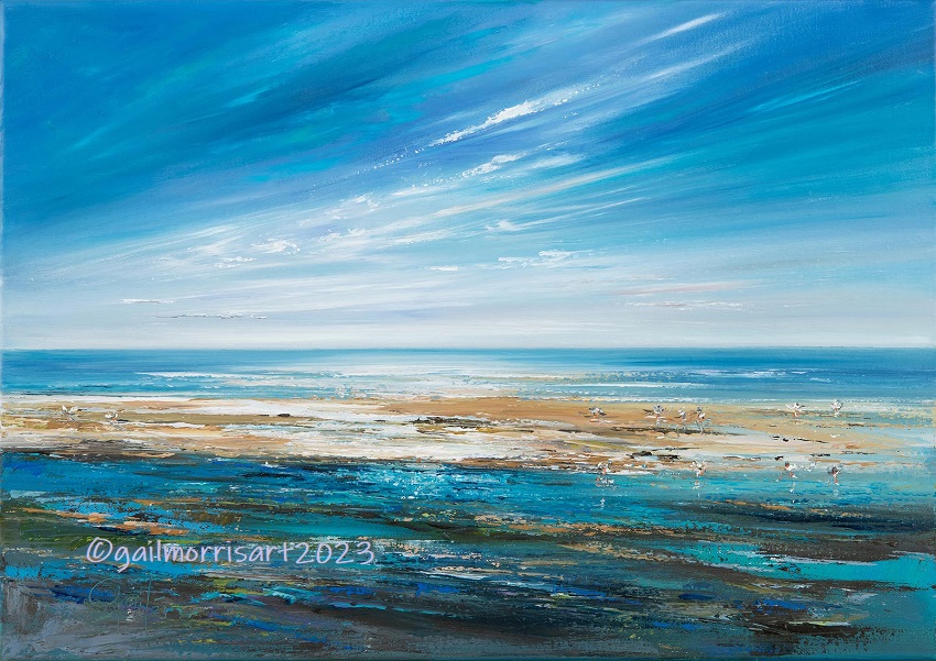 A vibrant landscape print of blue skies, ocean waves, with oystercatchers feeding on the sandbars. The artwork features abstract brush strokes and colourful textures, evoking a sense of tranquility.