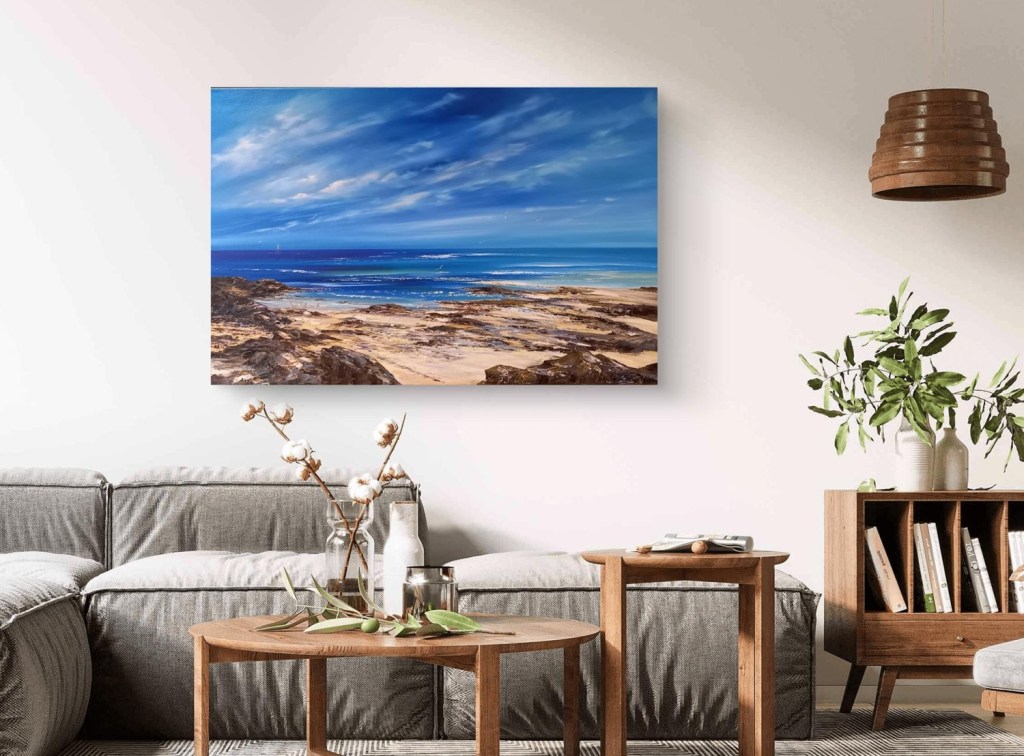 Summer Rockpools at Gwithian beach - original oil painting for sale £425 from UK Seascape artist Gail Morris.