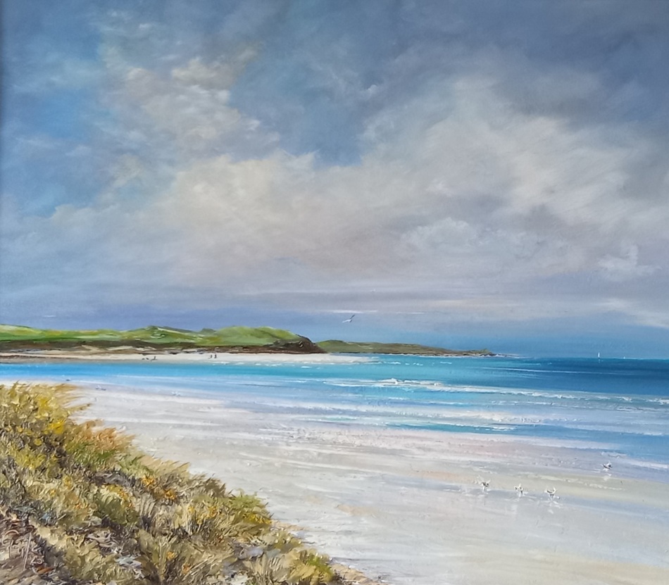 A coastal landscape painting depicting big skies over the golden sand at Hayle beach in Cornwall with turquoise waters, rolling green hills in the background leading your eye to Carbis Bay and St Ives in the distance.  The vast sea and open view makes a perfect painting and print.