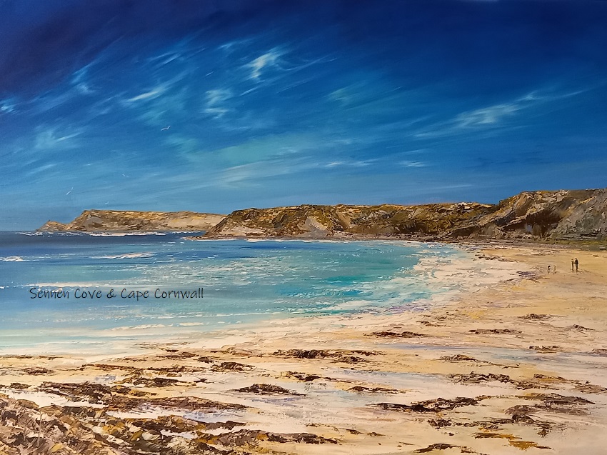 A landscape painting and print  depicting Sennen Cove and Cape Cornwall, showcasing a sandy beach under a blue sky with wispy clouds. The ocean is shown in shades of blue, with gentle waves and distant cliffs in the background. Two figures stroll along the beach, adding a sense of scale to the scene.