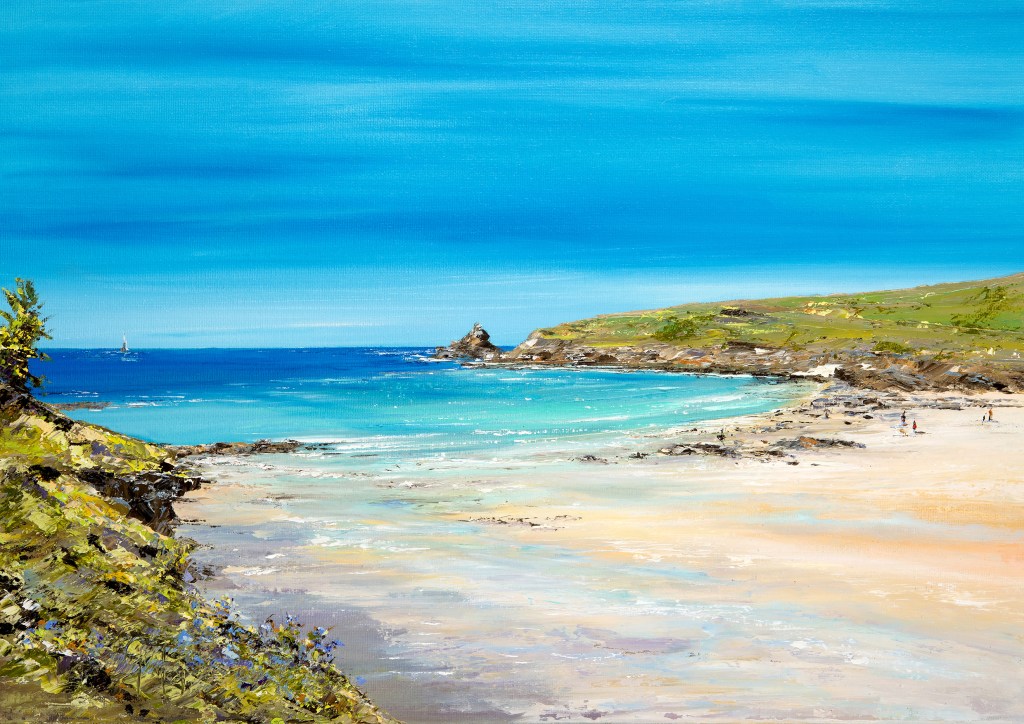 A vibrant seascape painting depicting a sandy beach at Trevone, turquoise waters, and a clear blue sky, with a distant sailboat and people enjoying the shoreline.