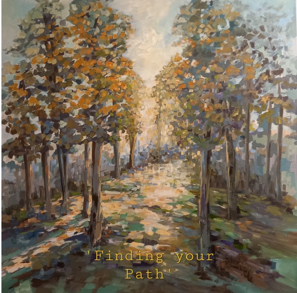 oil painting of tree lined sunlit pathway