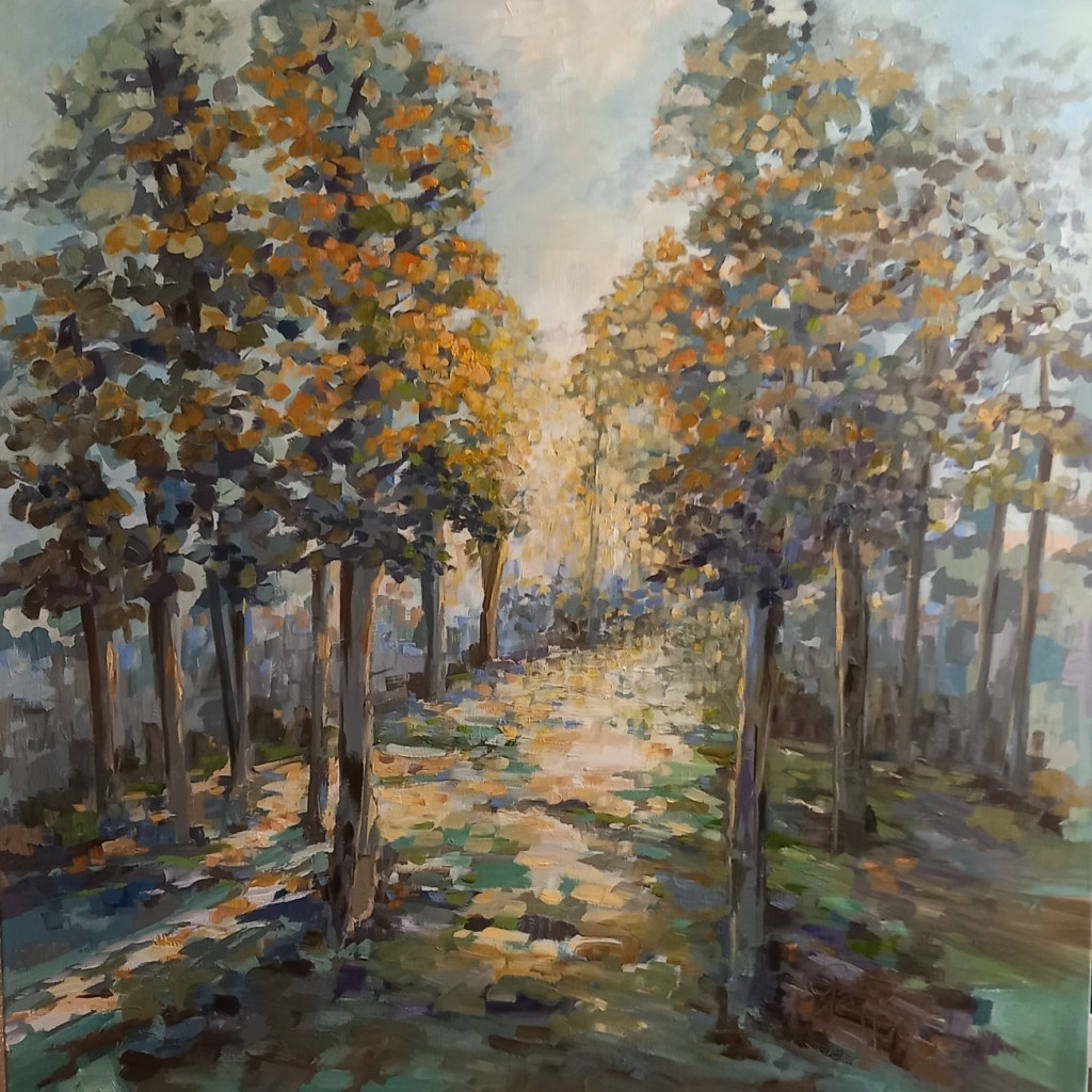 A vibrant landscape painting depicting a pathway bordered by trees with autumn-colored foliage, creating a tranquil and inviting atmosphere.
