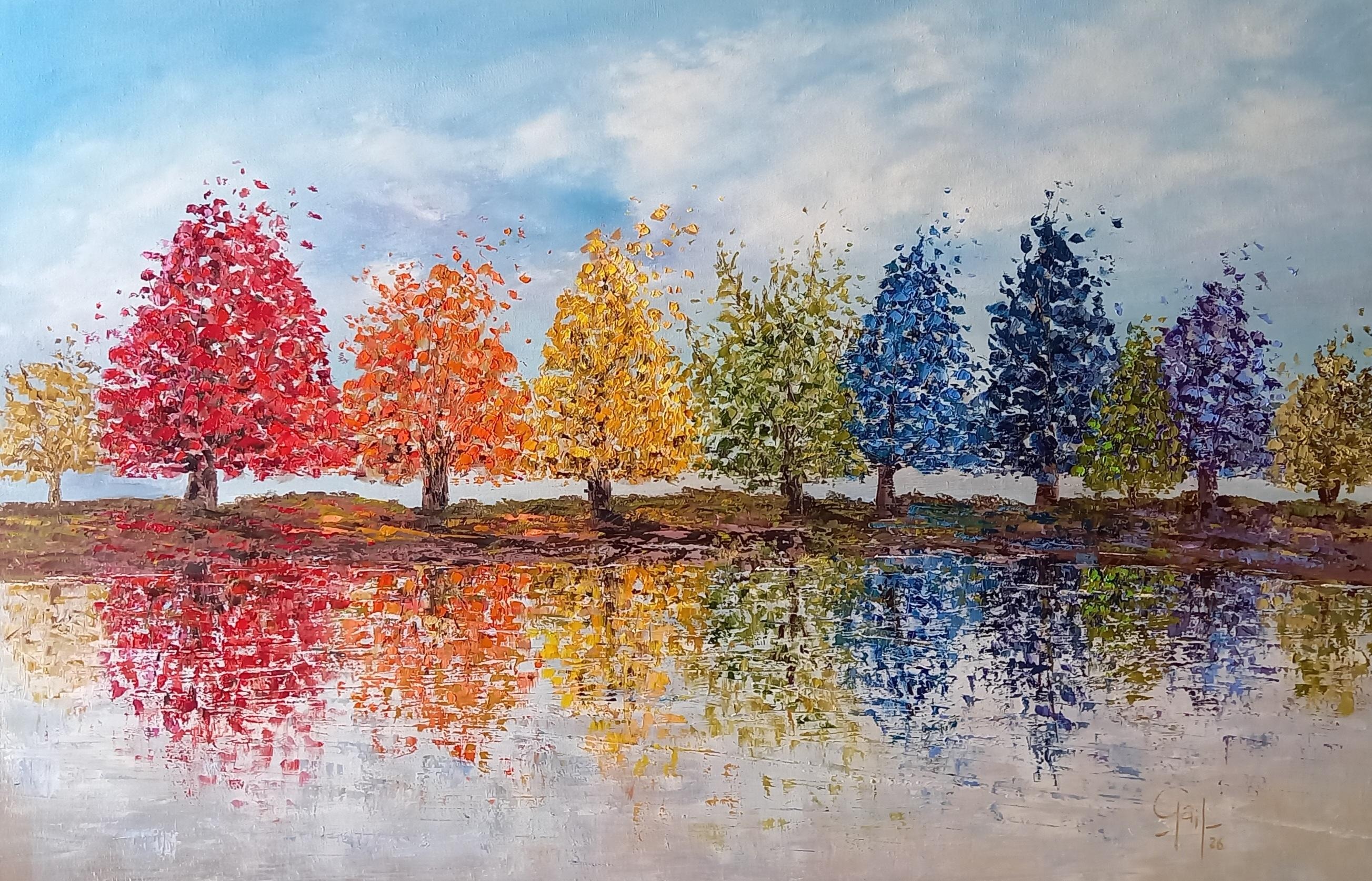 oil painting of trees reflected in water, used to help with meditation to balance chakra's.